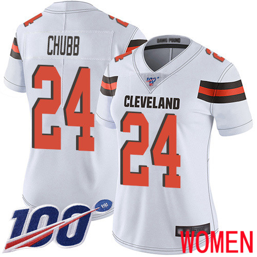 Cleveland Browns Nick Chubb Women White Limited Jersey 24 NFL Football Road 100th Season Vapor Untouchable